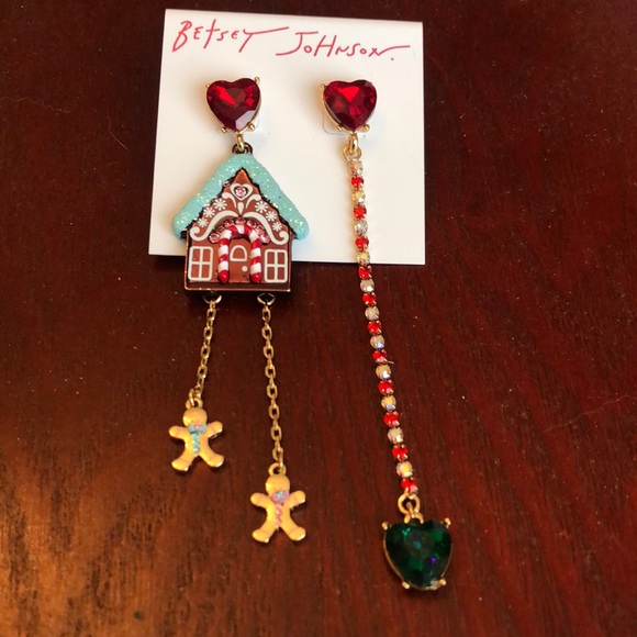 Betsey Johnson Jingle Bell Bling Gingerbread House Heart Mismatch Drop Earrings - Picture 7 of 14
